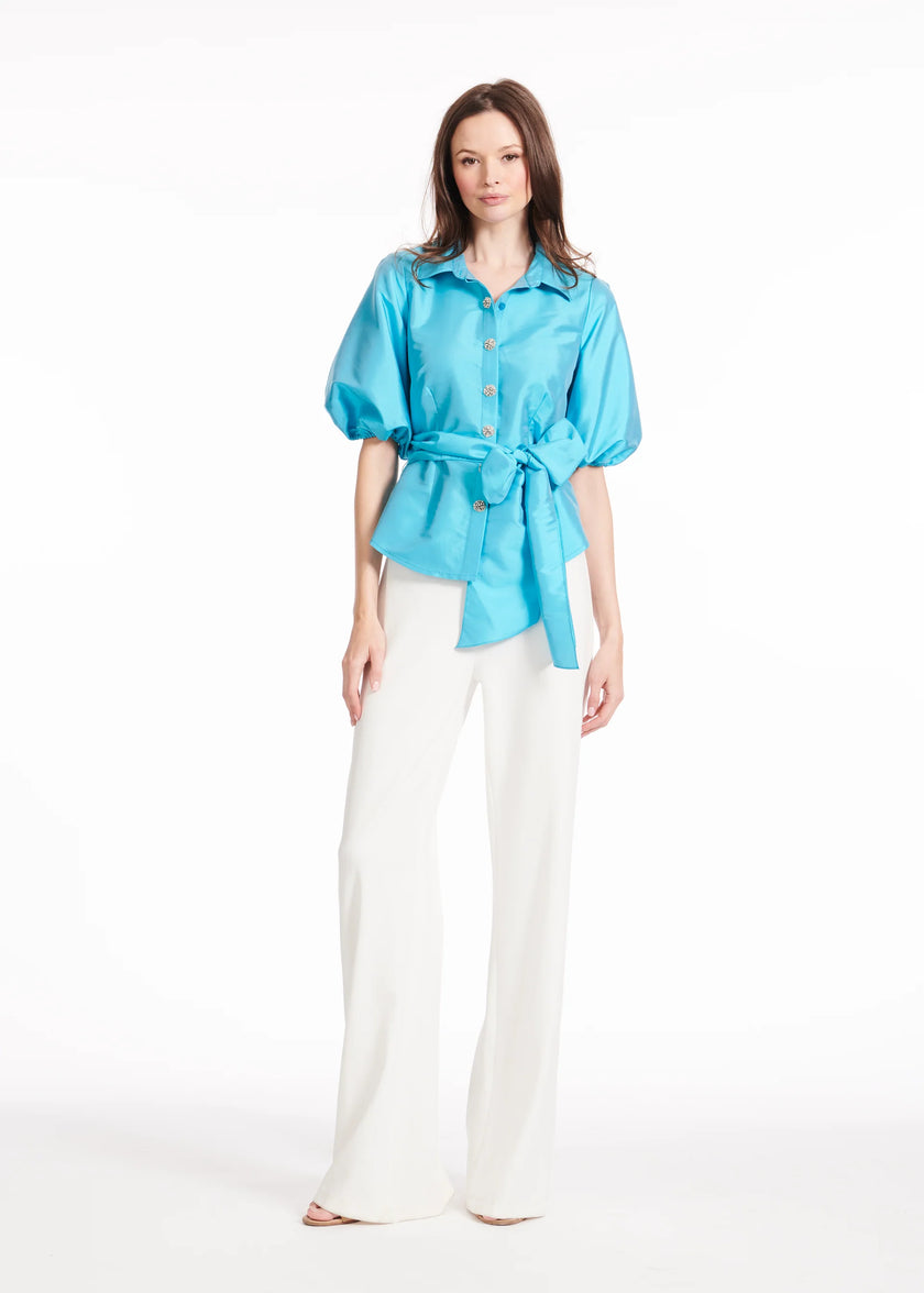 TAFFETA PUFF SLEEVE BLOUSE WITH CRYSTAL FLOWER BUTTONS