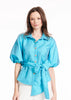 TAFFETA PUFF SLEEVE BLOUSE WITH CRYSTAL FLOWER BUTTONS