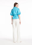 TAFFETA PUFF SLEEVE BLOUSE WITH CRYSTAL FLOWER BUTTONS
