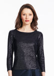 STRETCH SEQUIN THREE QUARTER SLEEVE BALLET NECK TOP