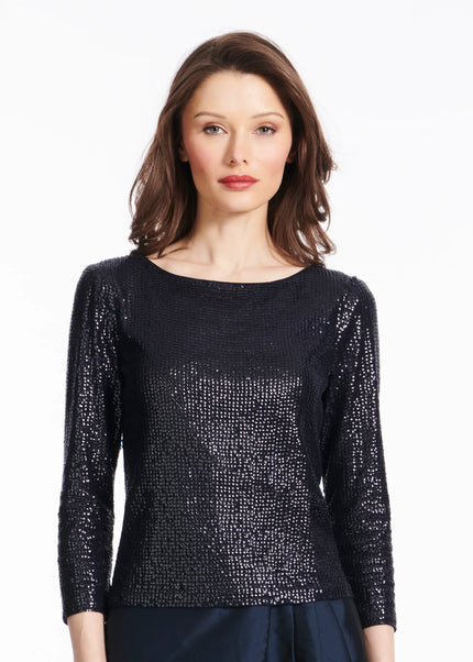 STRETCH SEQUIN THREE QUARTER SLEEVE BALLET NECK TOP