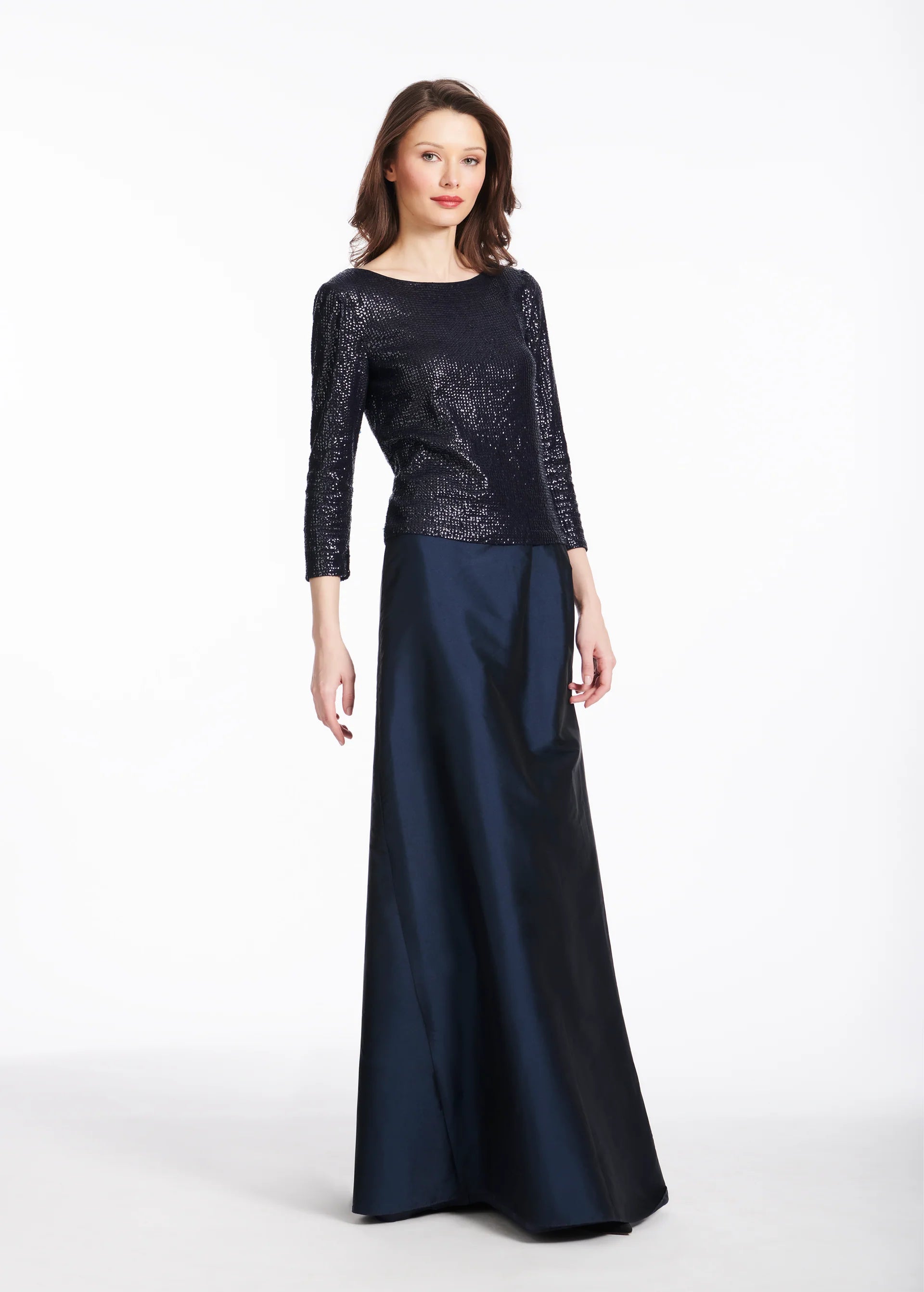 STRETCH SEQUIN THREE QUARTER SLEEVE BALLET NECK TOP