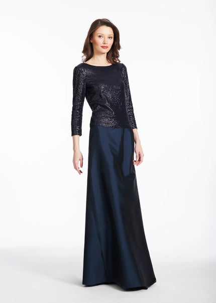 STRETCH SEQUIN THREE QUARTER SLEEVE BALLET NECK TOP