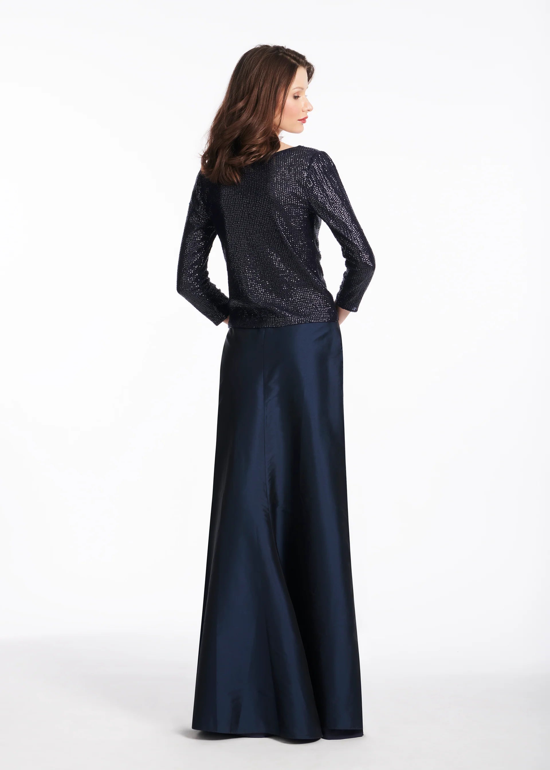 STRETCH SEQUIN THREE QUARTER SLEEVE BALLET NECK TOP