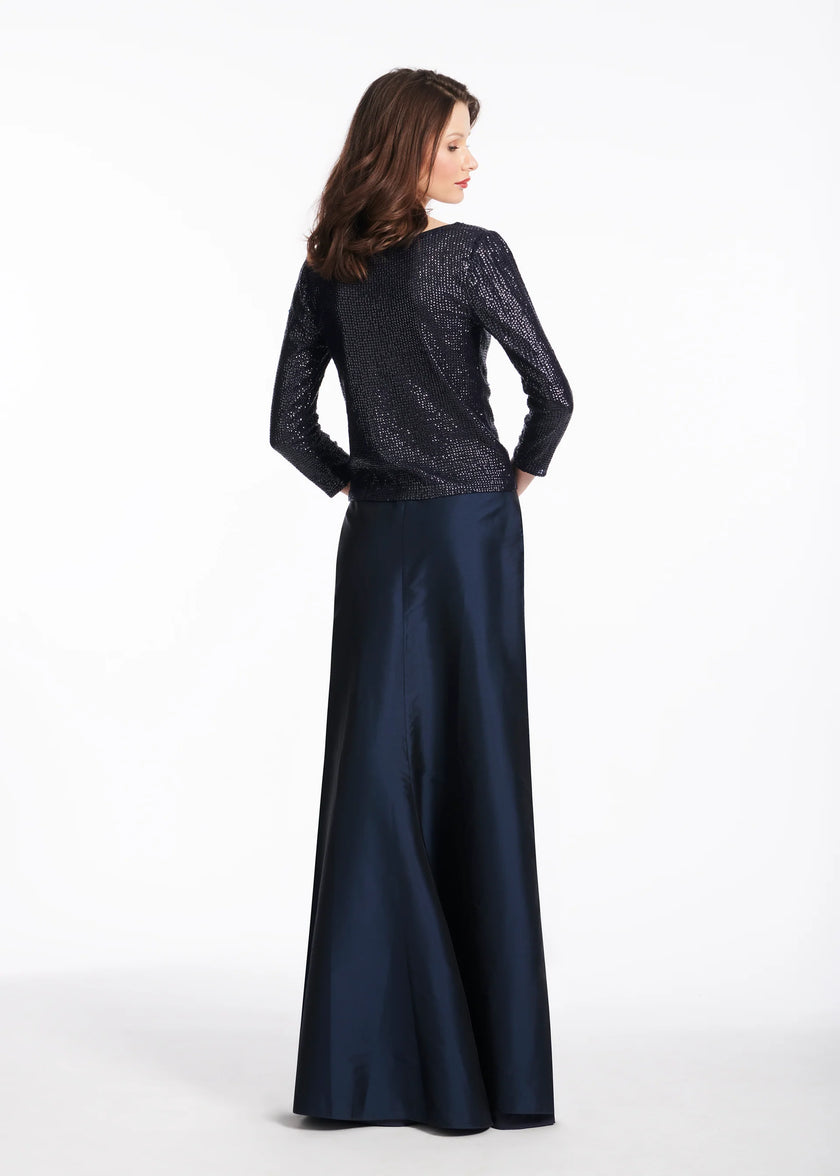 STRETCH SEQUIN THREE QUARTER SLEEVE BALLET NECK TOP