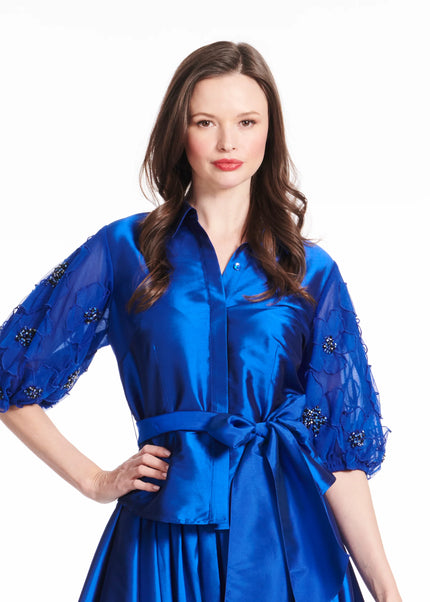 TAFFETA BLOUSE WITH DELICATE FLOWER PUFF SLEEVES