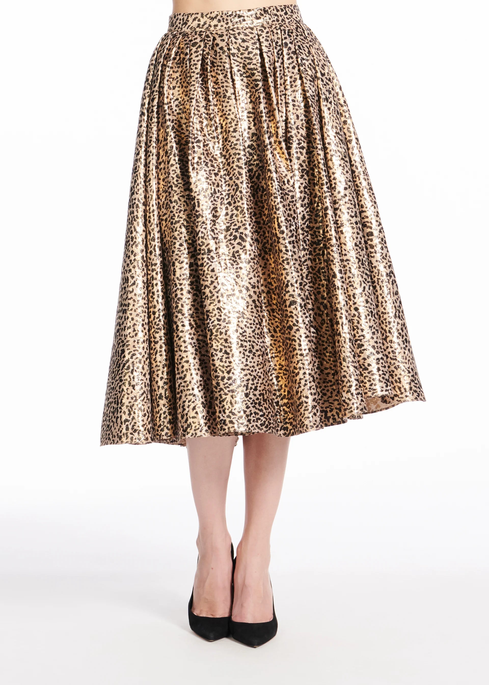ANIMAL PRINT METALLIC JACQUARD TEA LENGTH SKIRT