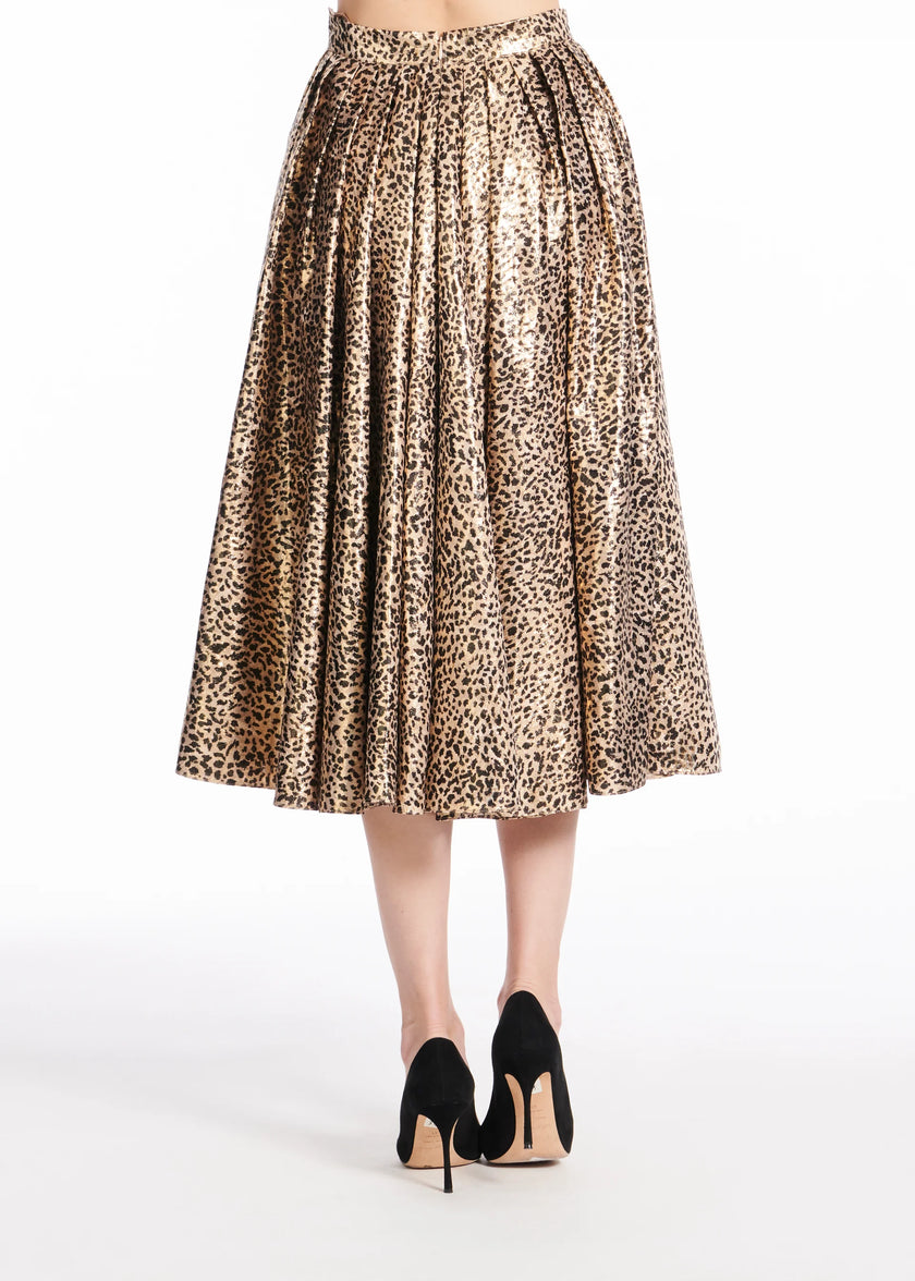 ANIMAL PRINT METALLIC JACQUARD TEA LENGTH SKIRT