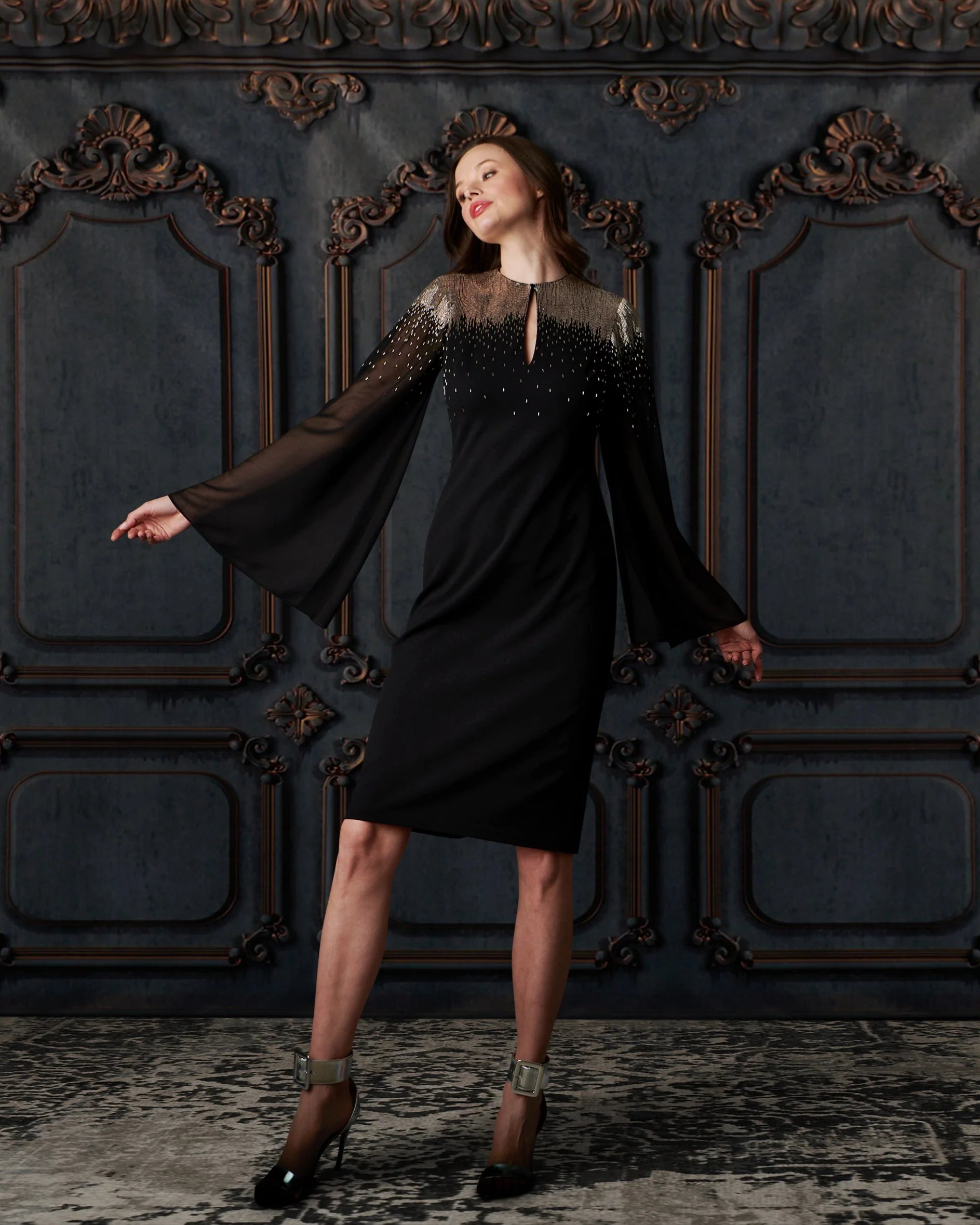 CREPE DRESS WITH CHIFFON SLEEVES AND NIGHT SKY BEADING