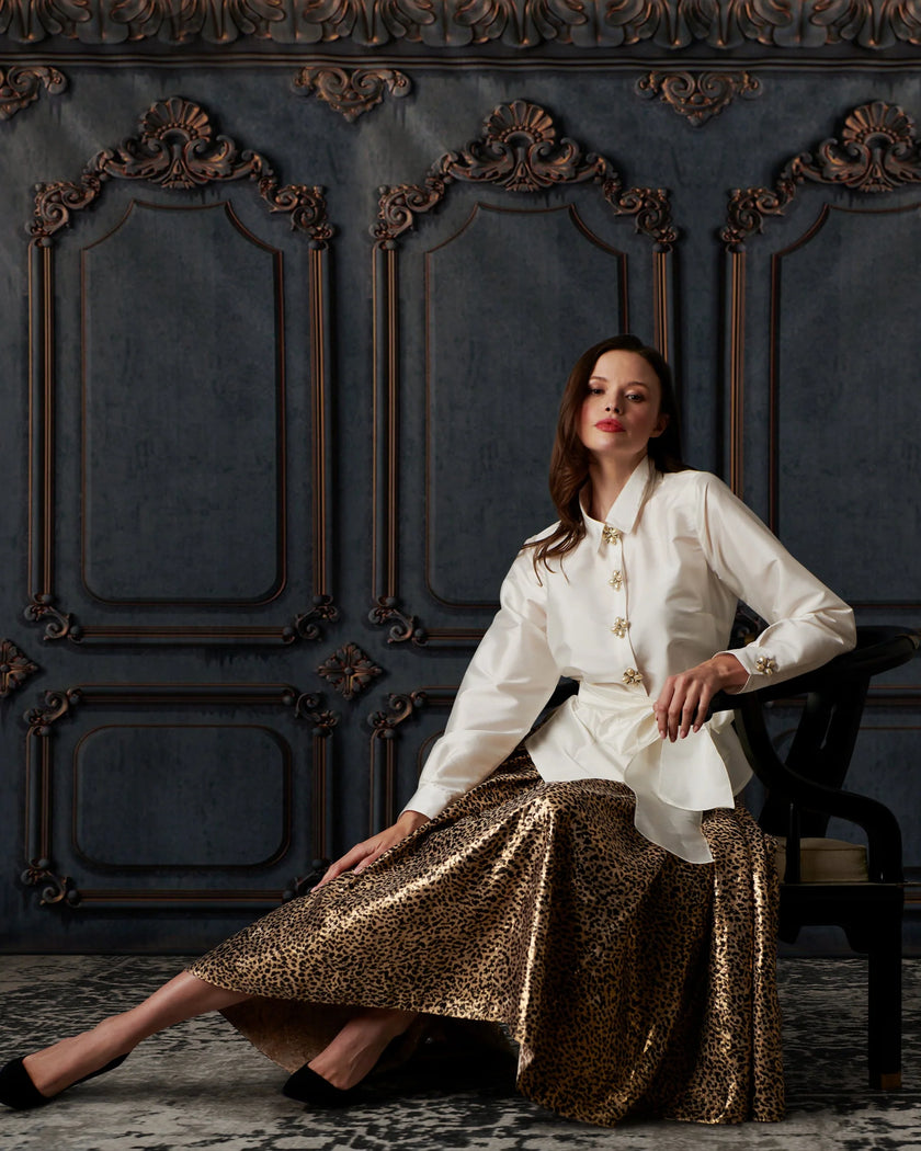 ANIMAL PRINT METALLIC JACQUARD TEA LENGTH SKIRT