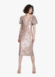 STRETCH SEQUIN FLORAL PUFF SLEEVE MIDI DRESS