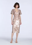 STRETCH SEQUIN FLORAL PUFF SLEEVE MIDI DRESS