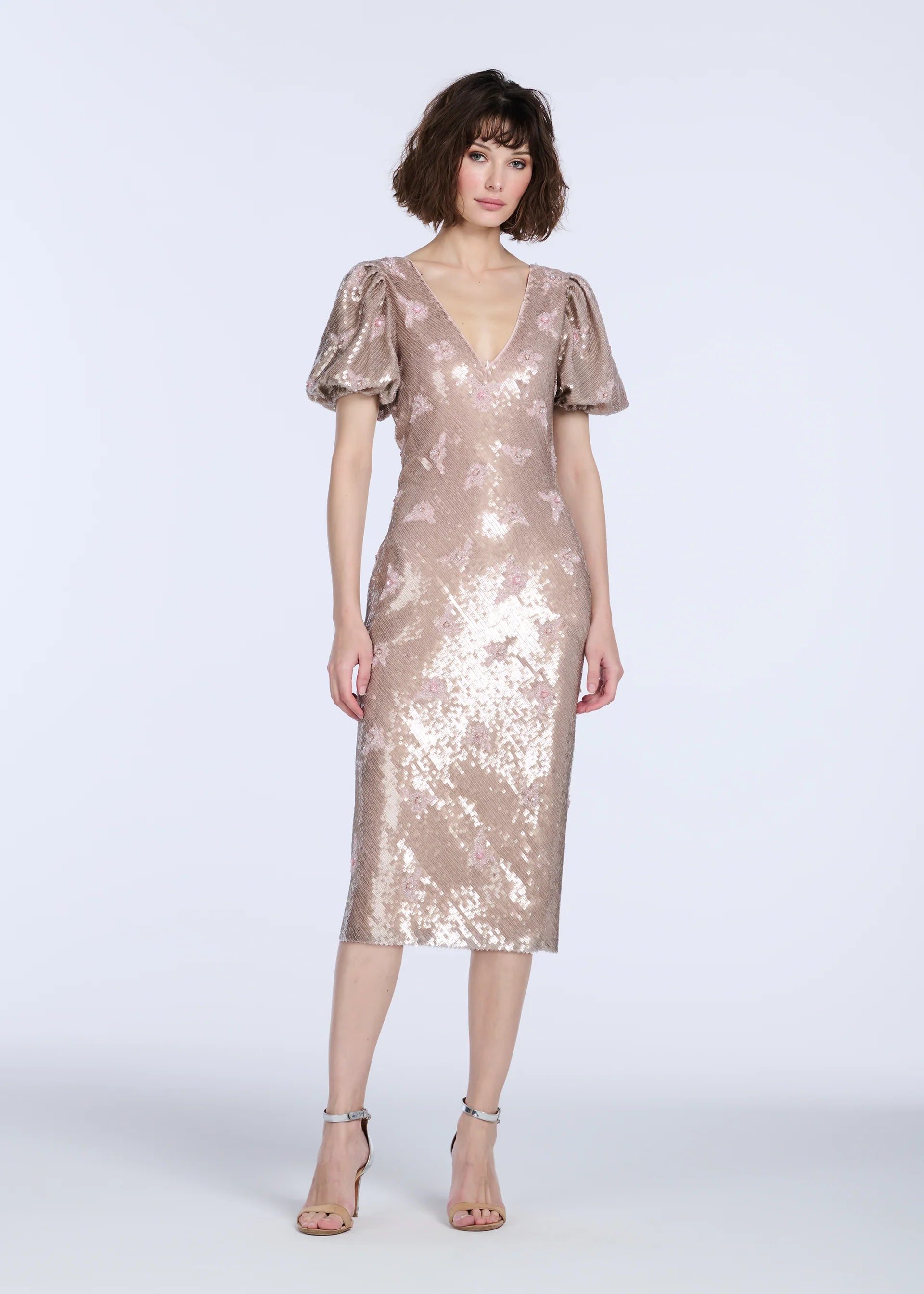 STRETCH SEQUIN FLORAL PUFF SLEEVE MIDI DRESS