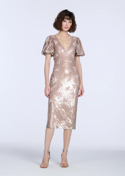 STRETCH SEQUIN FLORAL PUFF SLEEVE MIDI DRESS