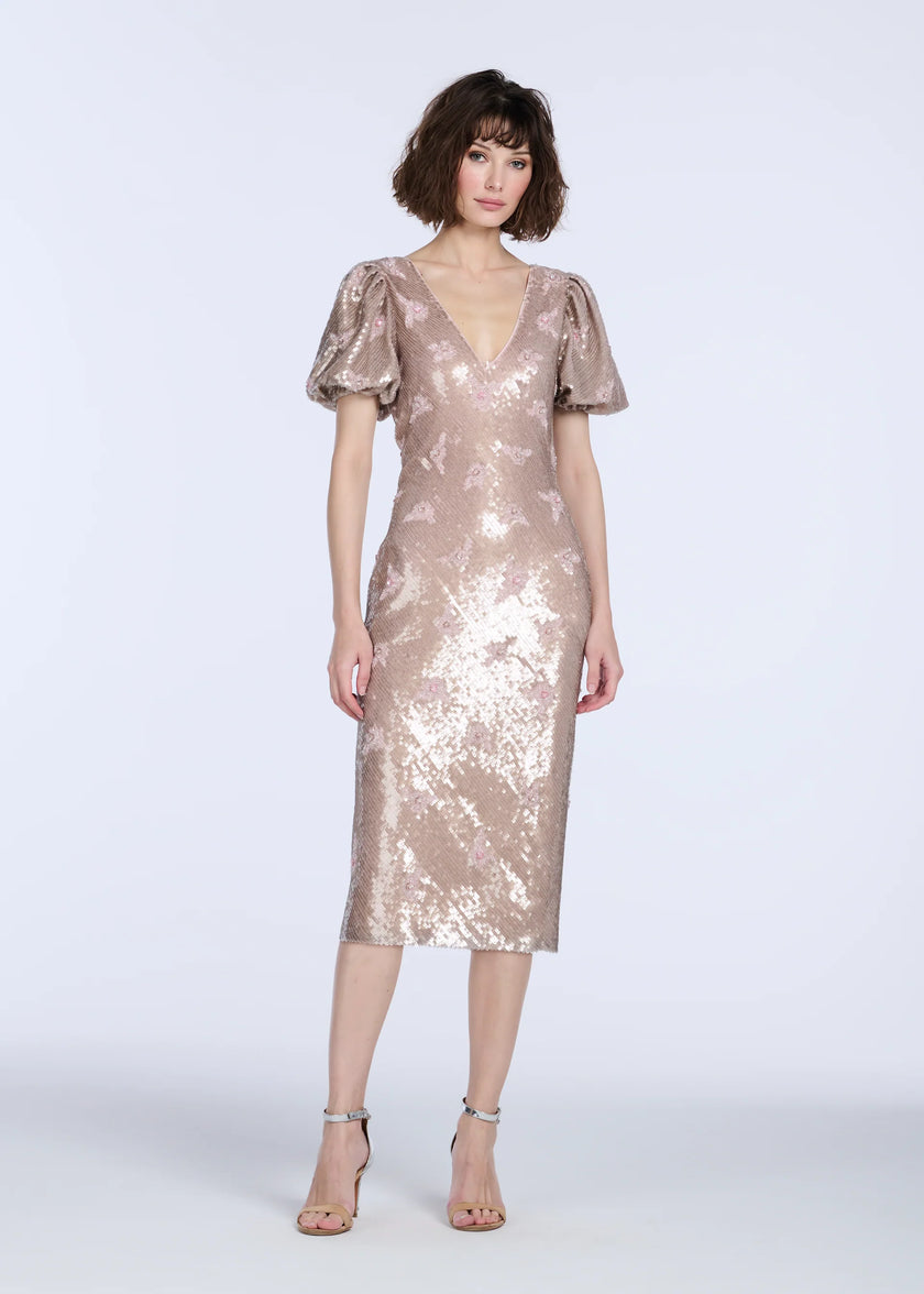 STRETCH SEQUIN FLORAL PUFF SLEEVE MIDI DRESS