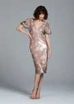 STRETCH SEQUIN FLORAL PUFF SLEEVE MIDI DRESS
