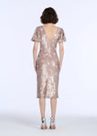 STRETCH SEQUIN FLORAL PUFF SLEEVE MIDI DRESS