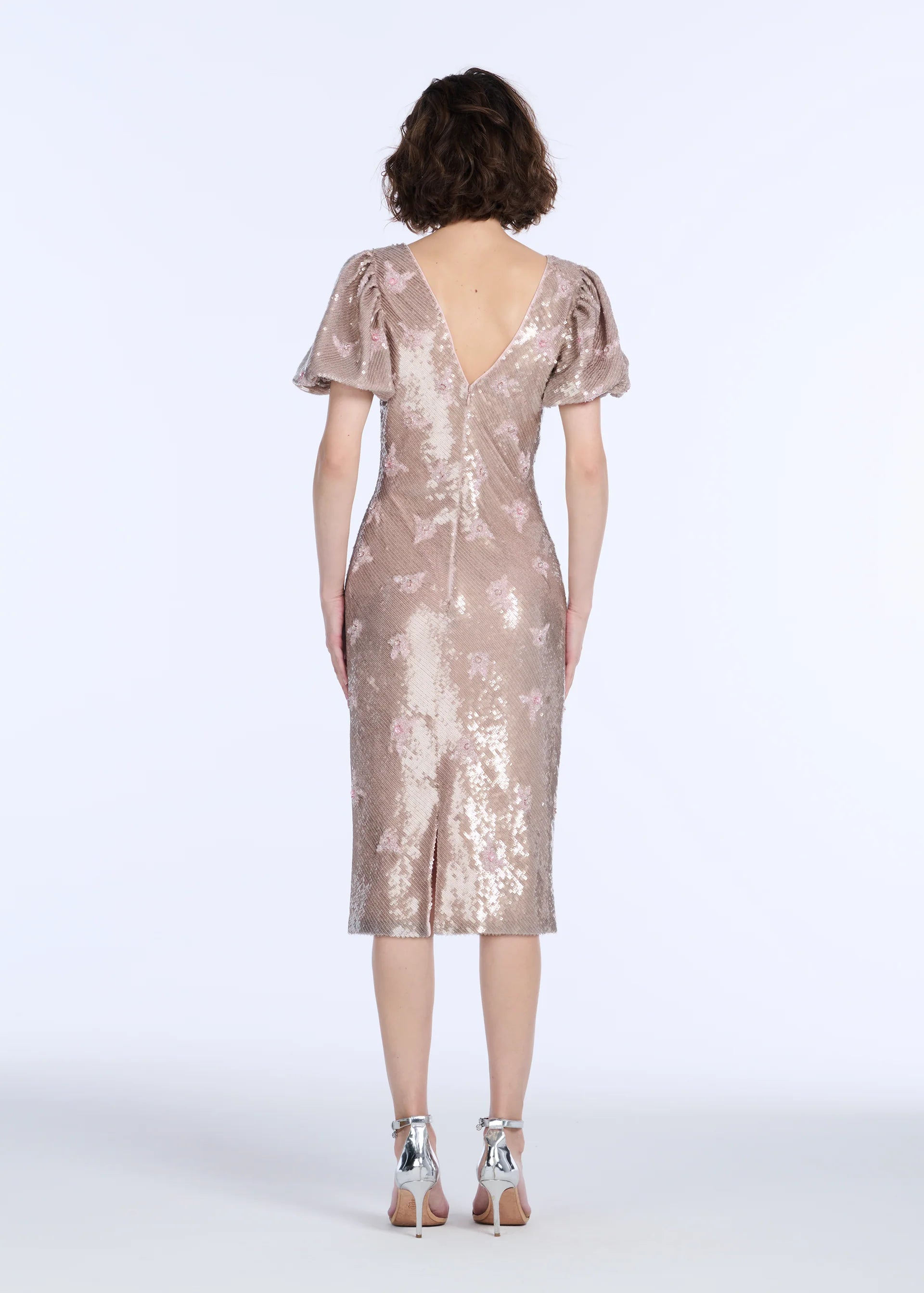 STRETCH SEQUIN FLORAL PUFF SLEEVE MIDI DRESS