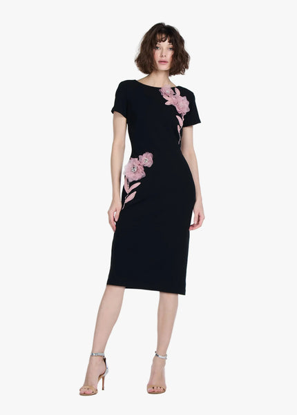 STRETCH CREPE ORGANZA CRYSTAL FLOWER APPLIQUE MIDI DRESS