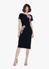 STRETCH CREPE ORGANZA CRYSTAL FLOWER APPLIQUE MIDI DRESS