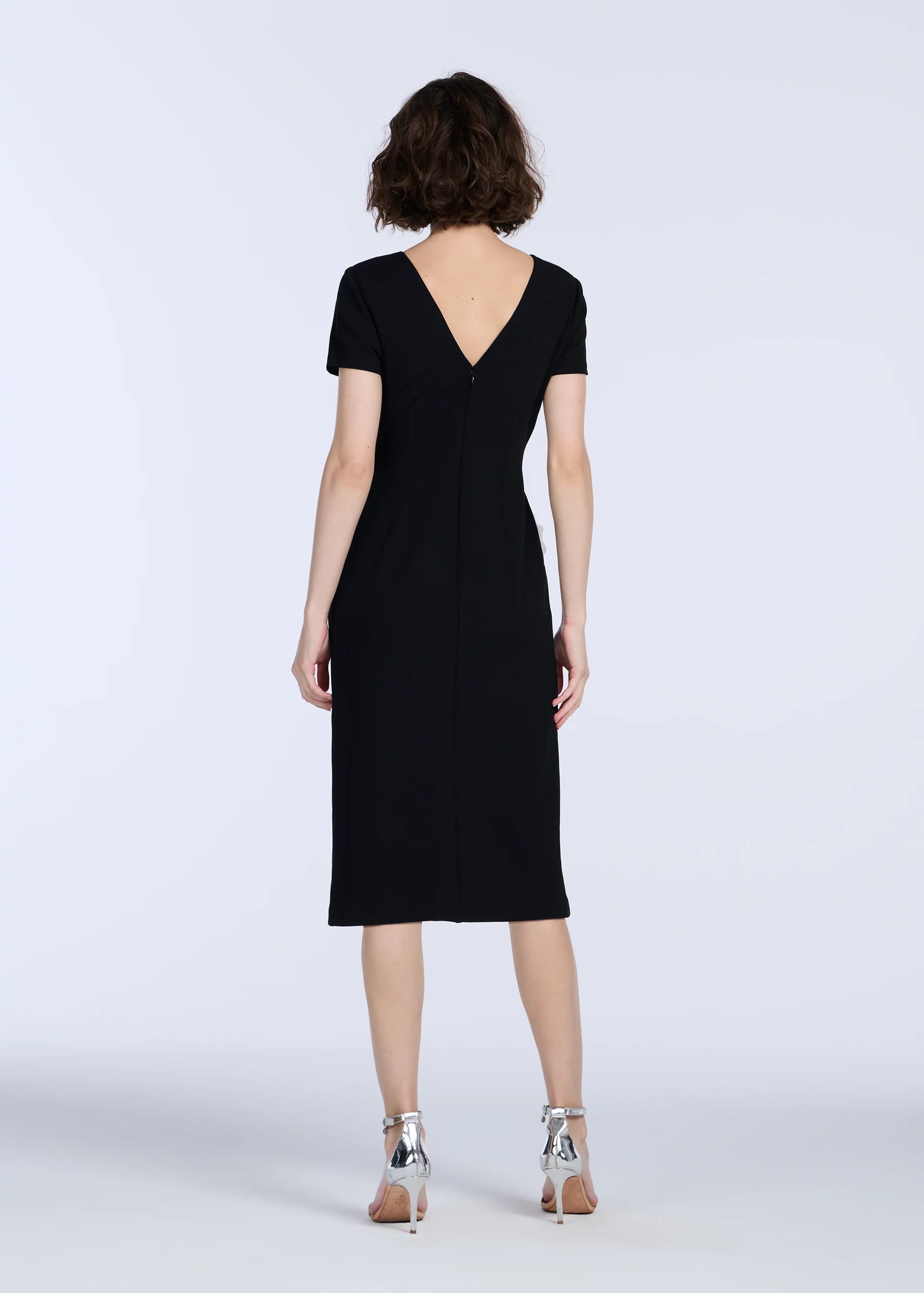 STRETCH CREPE ORGANZA CRYSTAL FLOWER APPLIQUE MIDI DRESS