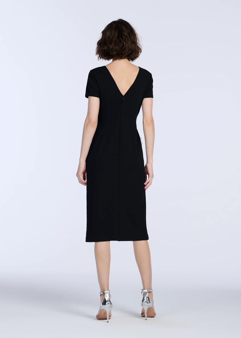 STRETCH CREPE ORGANZA CRYSTAL FLOWER APPLIQUE MIDI DRESS