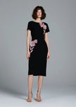 STRETCH CREPE ORGANZA CRYSTAL FLOWER APPLIQUE MIDI DRESS