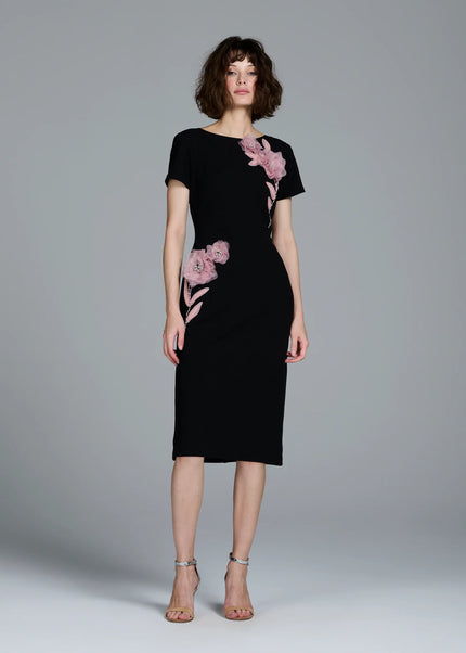 STRETCH CREPE ORGANZA CRYSTAL FLOWER APPLIQUE MIDI DRESS