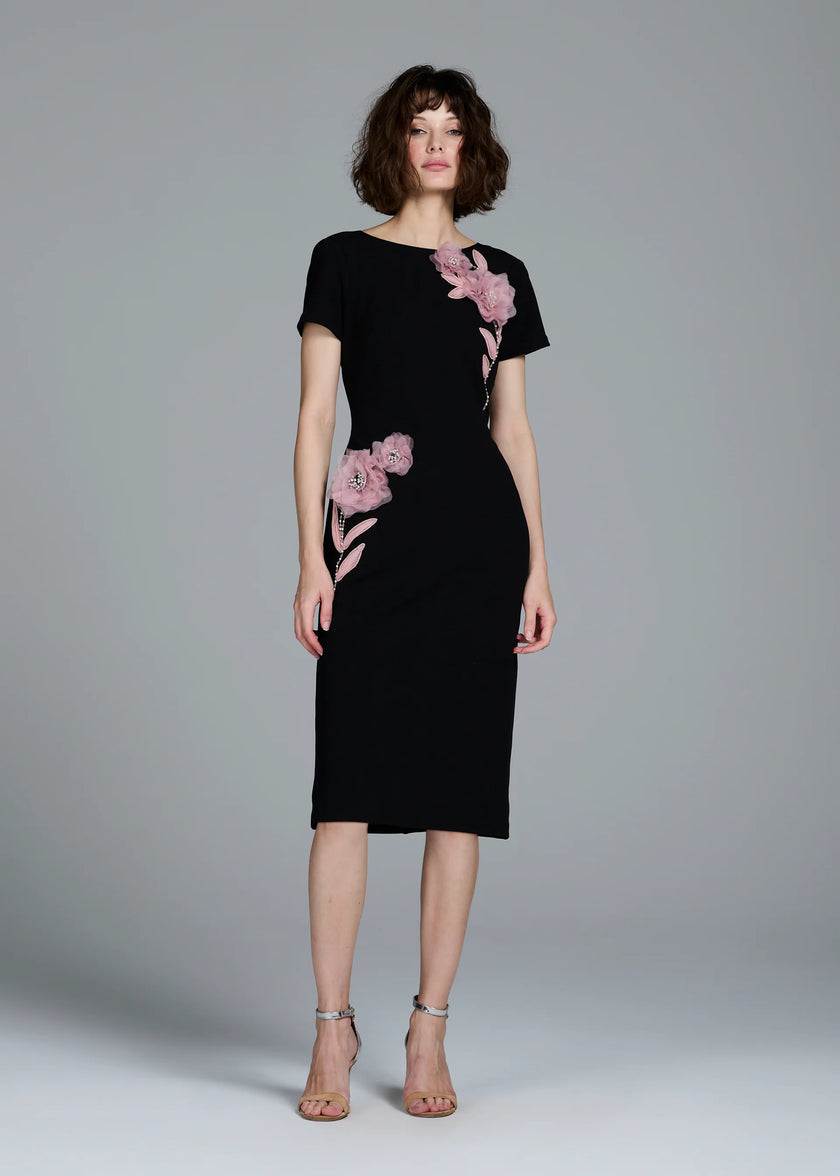 STRETCH CREPE ORGANZA CRYSTAL FLOWER APPLIQUE MIDI DRESS