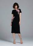 STRETCH CREPE ORGANZA CRYSTAL FLOWER APPLIQUE MIDI DRESS