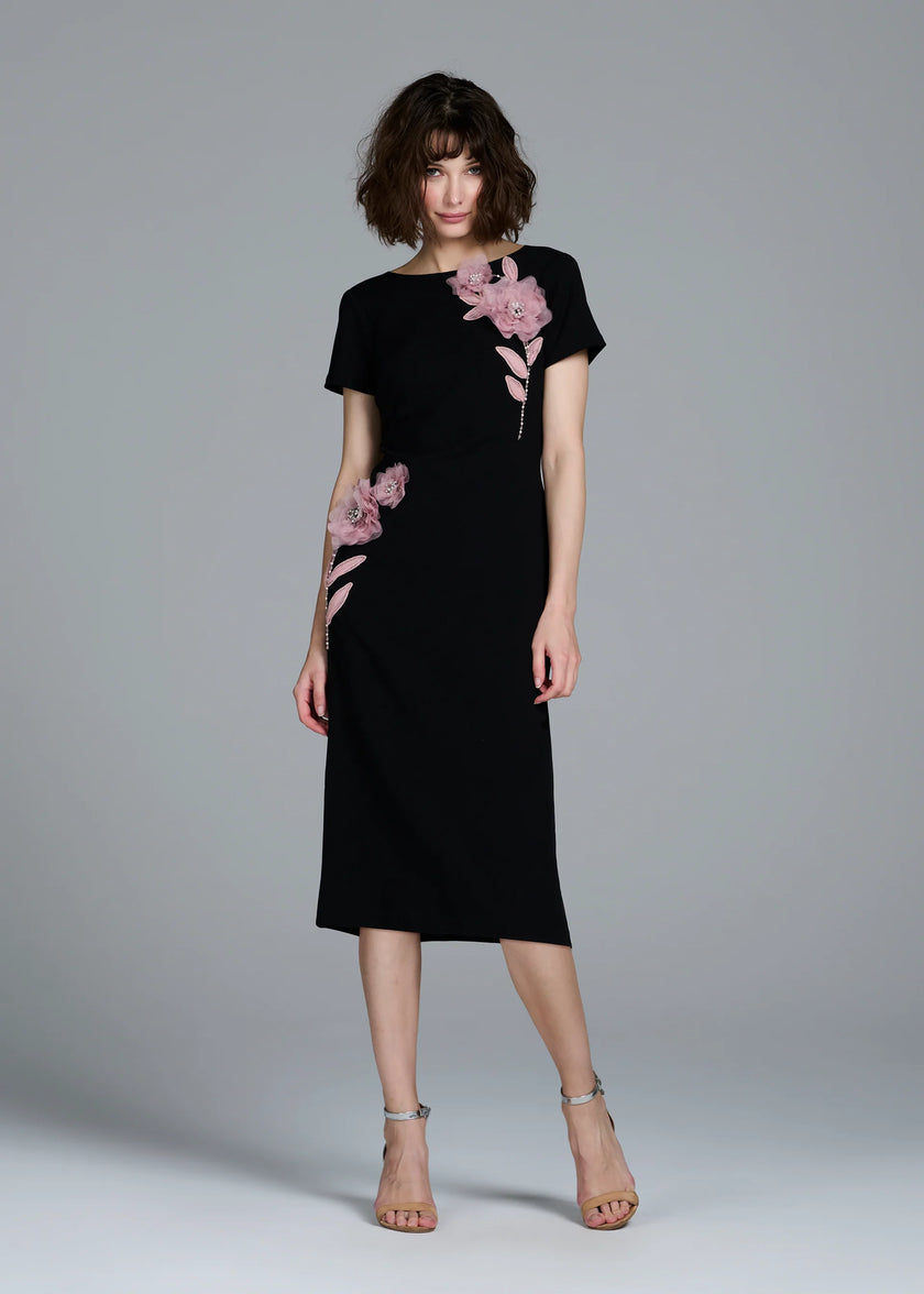 STRETCH CREPE ORGANZA CRYSTAL FLOWER APPLIQUE MIDI DRESS