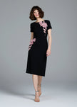 STRETCH CREPE ORGANZA CRYSTAL FLOWER APPLIQUE MIDI DRESS