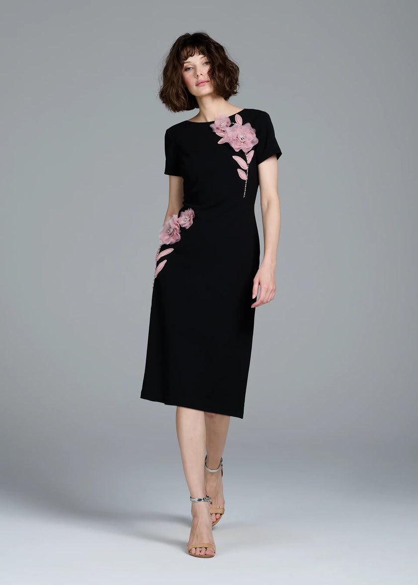 STRETCH CREPE ORGANZA CRYSTAL FLOWER APPLIQUE MIDI DRESS