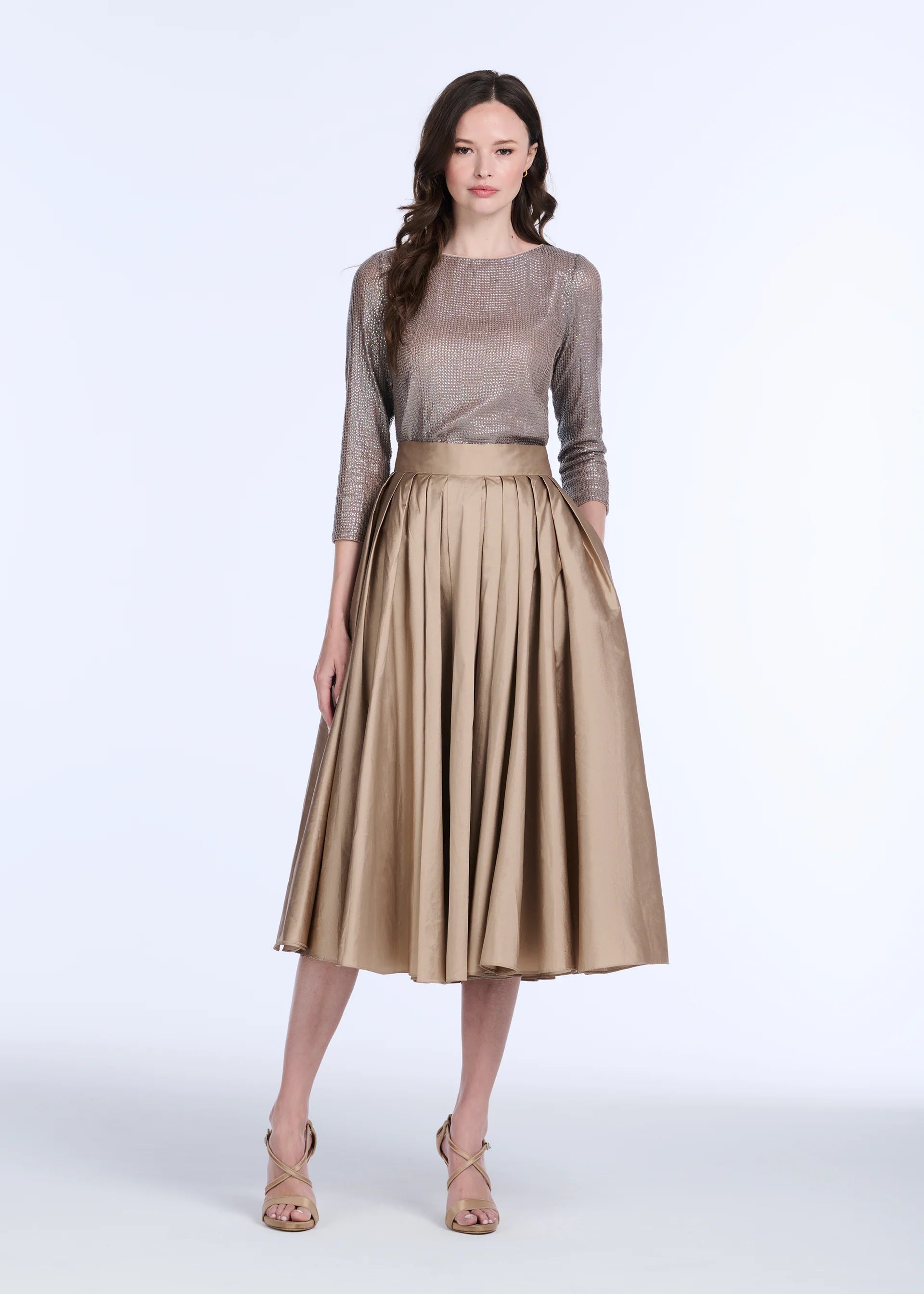 STRETCH SEQUIN THREE QUARTER SLEEVE BALLET NECK TOP