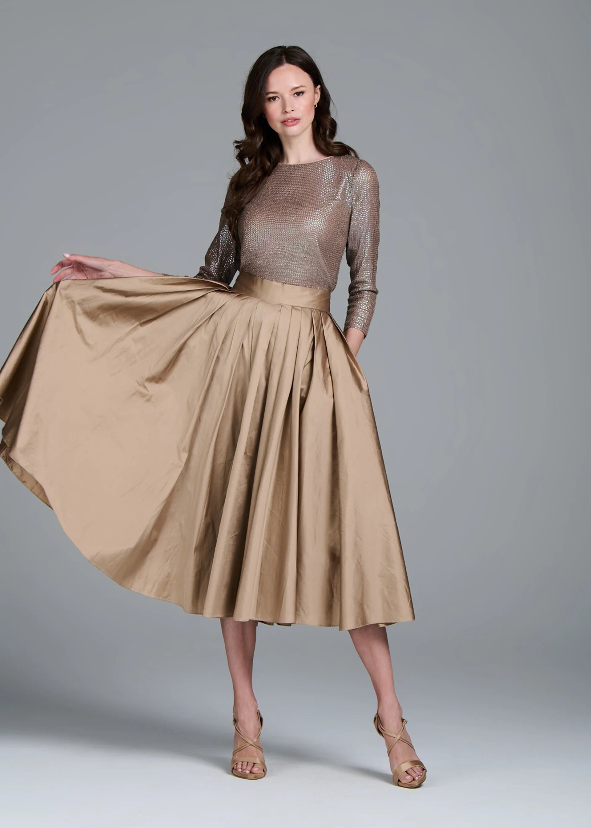 STRETCH SEQUIN THREE QUARTER SLEEVE BALLET NECK TOP