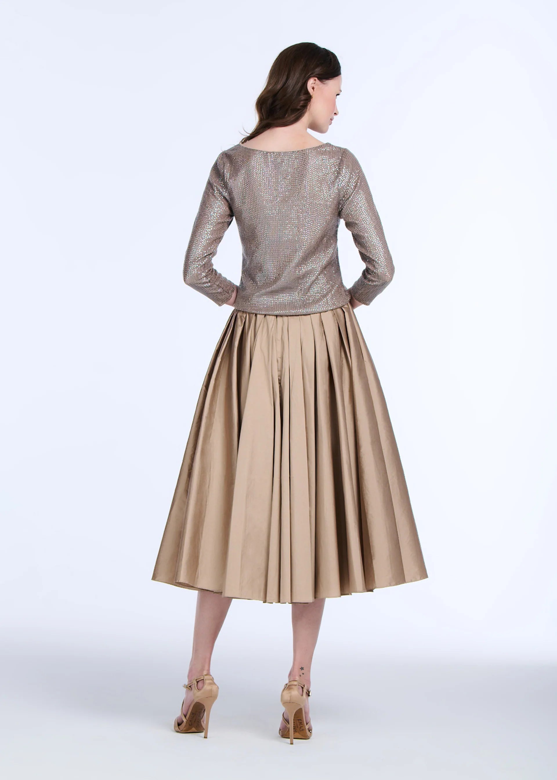 STRETCH SEQUIN THREE QUARTER SLEEVE BALLET NECK TOP