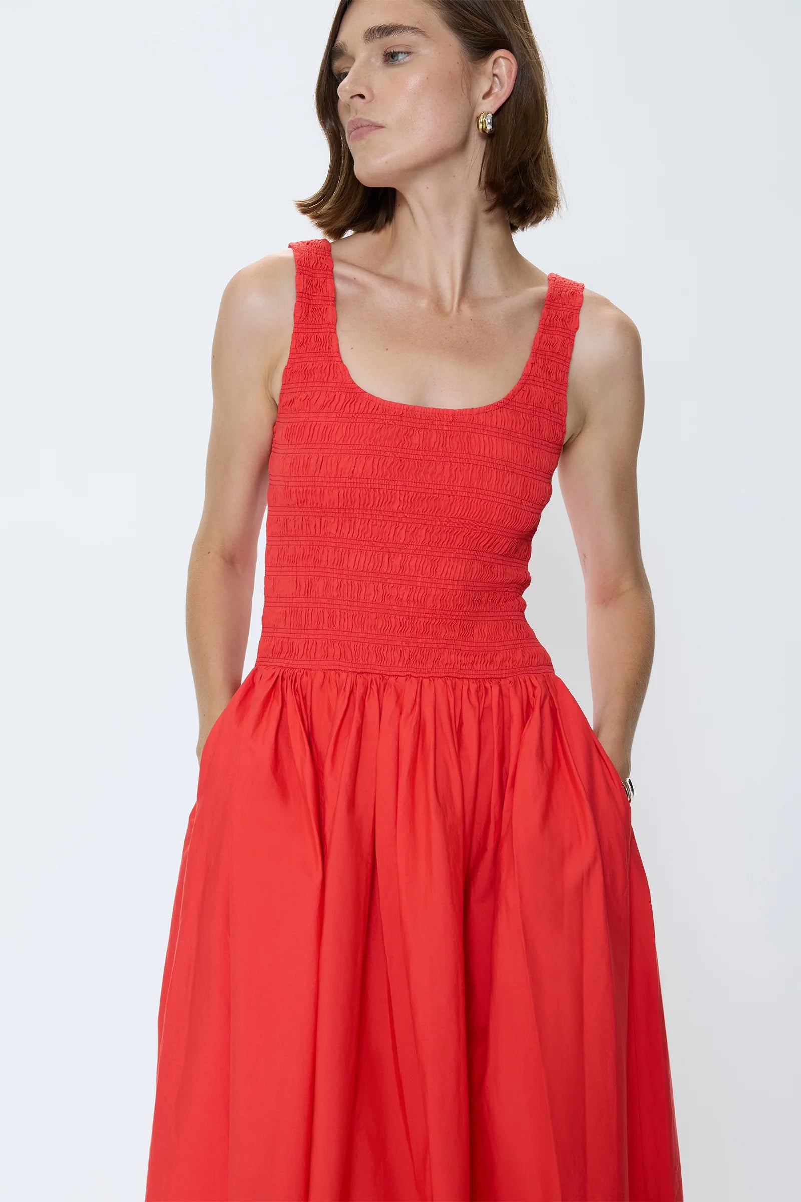 ALESSIA SMOCKED DROP WAIST DRESS MARASCHINO