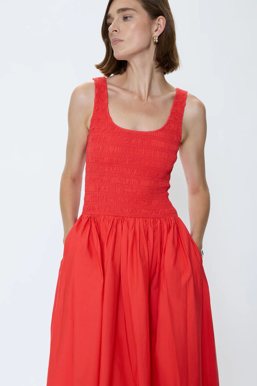 ALESSIA SMOCKED DROP WAIST DRESS MARASCHINO
