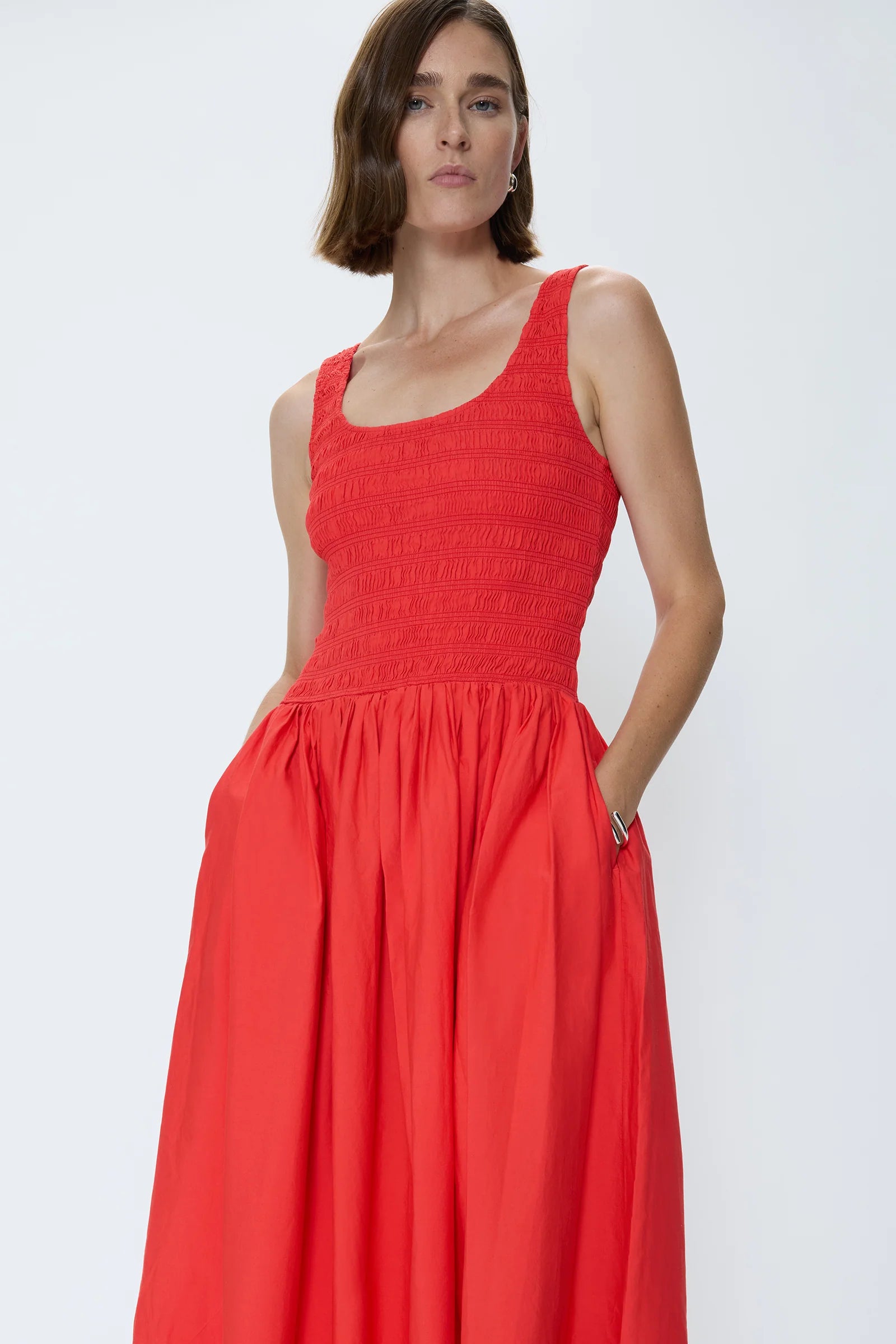 ALESSIA SMOCKED DROP WAIST DRESS MARASCHINO