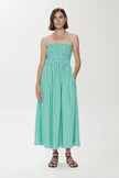 BIANCA SHIRRED BODICE DRESS IN GREEN BLUE STRIPE
