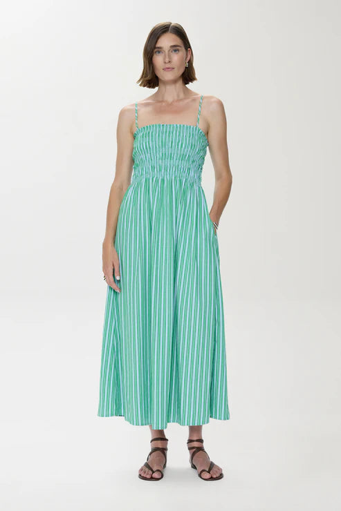 BIANCA SHIRRED BODICE DRESS IN GREEN BLUE STRIPE