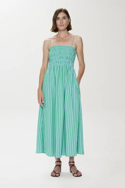 BIANCA SHIRRED BODICE DRESS IN GREEN BLUE STRIPE