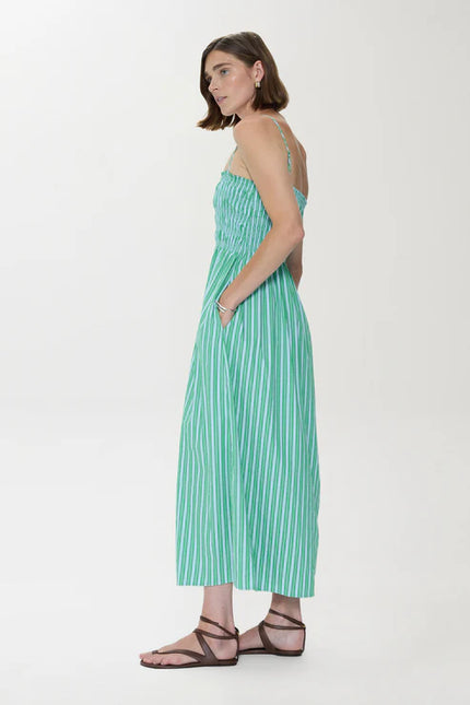 BIANCA SHIRRED BODICE DRESS IN GREEN BLUE STRIPE