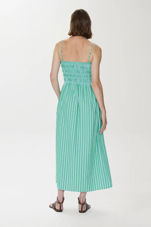 BIANCA SHIRRED BODICE DRESS IN GREEN BLUE STRIPE
