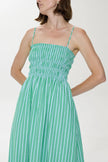 BIANCA SHIRRED BODICE DRESS IN GREEN BLUE STRIPE