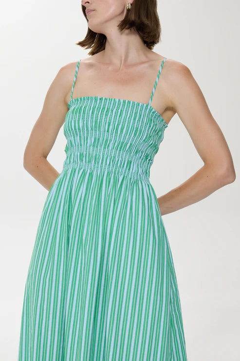 BIANCA SHIRRED BODICE DRESS IN GREEN BLUE STRIPE