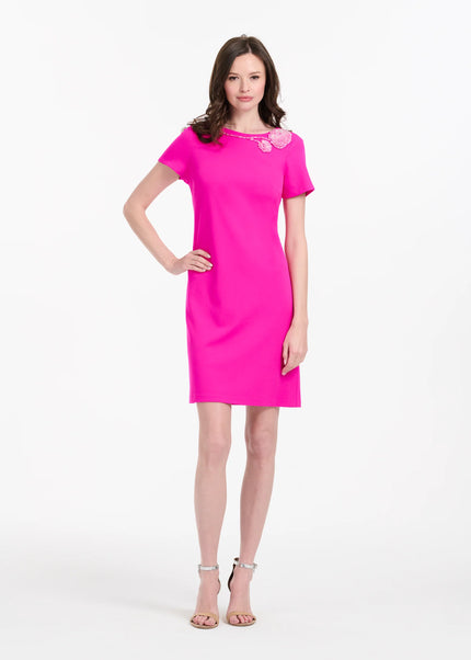 STRETCH CREPE SHORT SLEEVE COCKTAIL DRESS WITH CRYSTAL PEONY