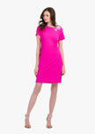 STRETCH CREPE SHORT SLEEVE COCKTAIL DRESS WITH CRYSTAL PEONY