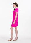 STRETCH CREPE SHORT SLEEVE COCKTAIL DRESS WITH CRYSTAL PEONY