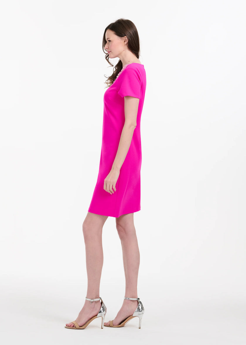 STRETCH CREPE SHORT SLEEVE COCKTAIL DRESS WITH CRYSTAL PEONY